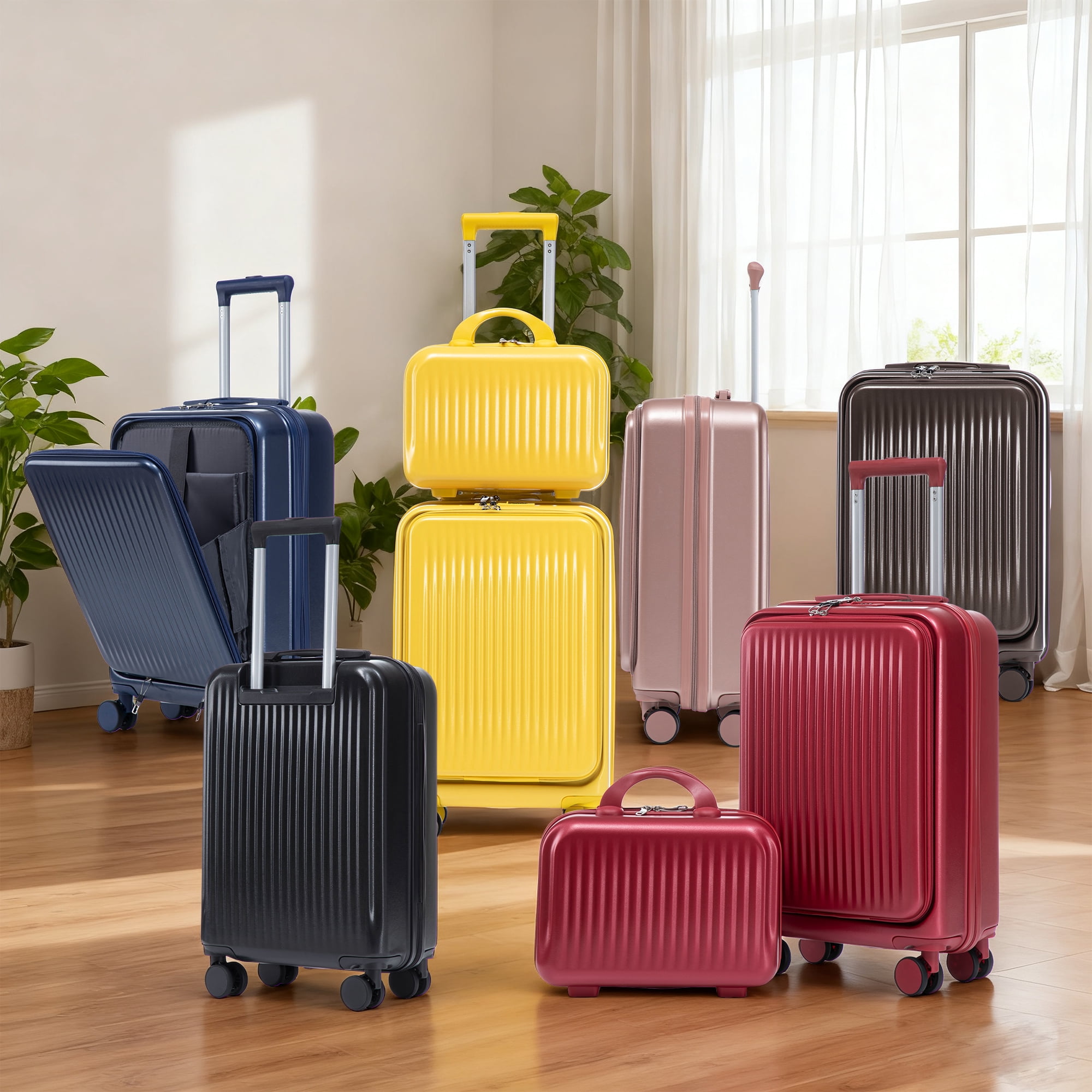 14"/20" 2 pcs/set in ABS Spinner Wheel Luggage, with Combination Lock and Front Opening Design, 14" Cosmetic Case (Navy)
