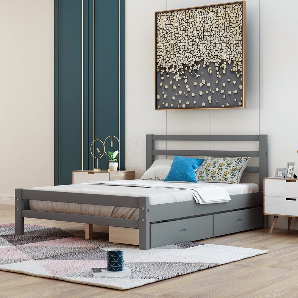 Resenkos Wood Platform Bed with 2 Drawers and Foot Board,Full,Gray