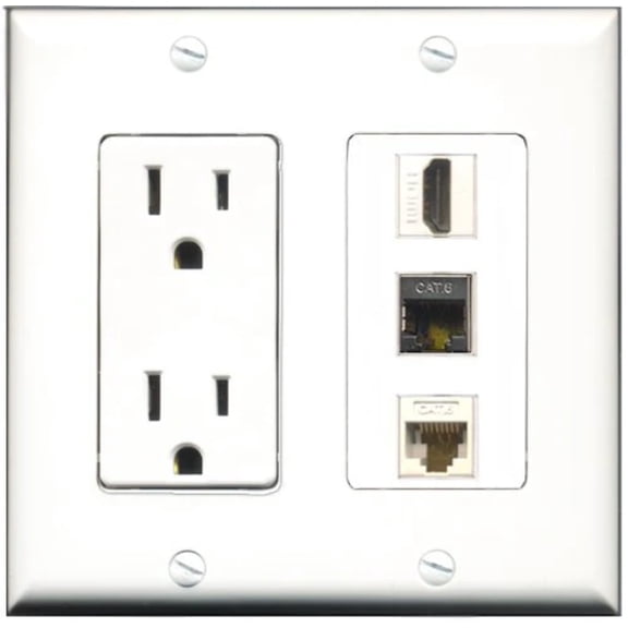 RiteAV - 15 Amp Power Outlet 1 Port HDMI 1 Port Shielded Cat6 Ethernet Ethernet 1 Port Cat6 Ethernet Ethernet White Decorative Wall Plate