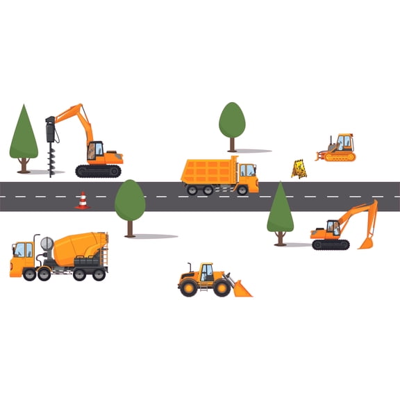 Home Art Construction Vehicles Vinyl Wall Decal - 22" x 36" Removable Kids Bedroom Living Room Earthmoving Machines Decor Design Decoration Excavator Concrete Mixer Front Loader Bulldozer Sticker