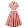 thumbnail image 1 of Puntoco Vestido De Manga Corta Con Cuello En V, Vestido Retro De Mujer Hepburn Con Cuello En V Y Manga Corta Con Cinturón Rosa M, 1 of 8