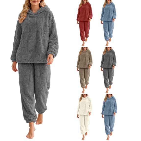 Hzzrkos Women Casual Loungewear Loose Solid Color Hooded Long Sleeve Drawstring Fleece Two Piece Pajama Set With Kangaroo Pocket Jogger Pants for Indoor Rest Daily Relax