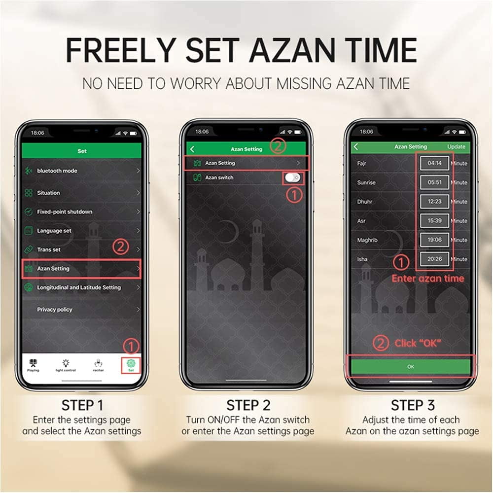 Portable Quran Speaker,Bluetooth Speaker with LED Night Light, Time Display, Azan Player, and App&Remote Control - Arabic Quran Recitation Lamp