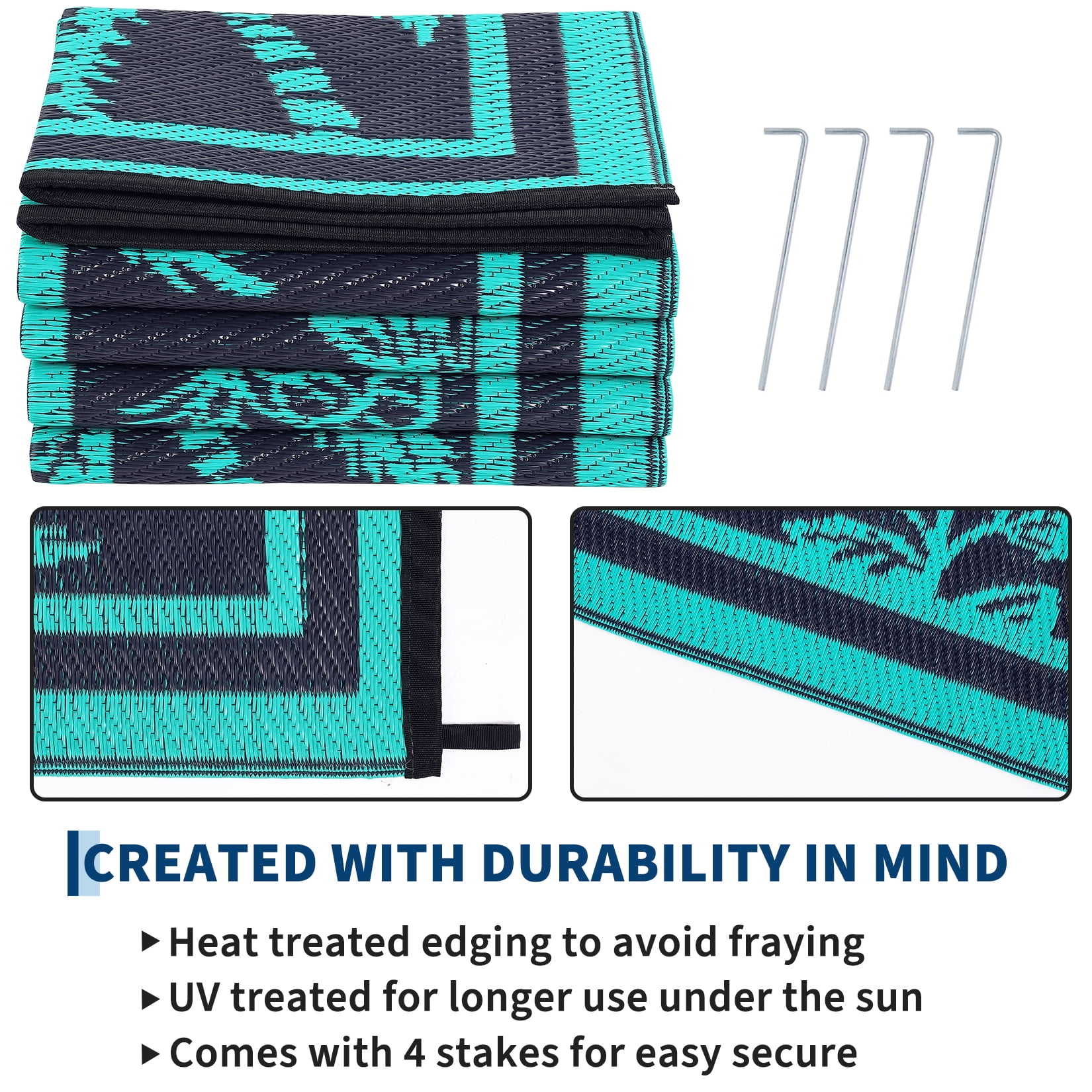 Nanan 8'x10' Outdoor Patio Rug, Waterproof Reversible Camping Rug, Portable Foldable Floor Cover for Picnic, Beach, Deck, Backyard, Dark Blue Green Black