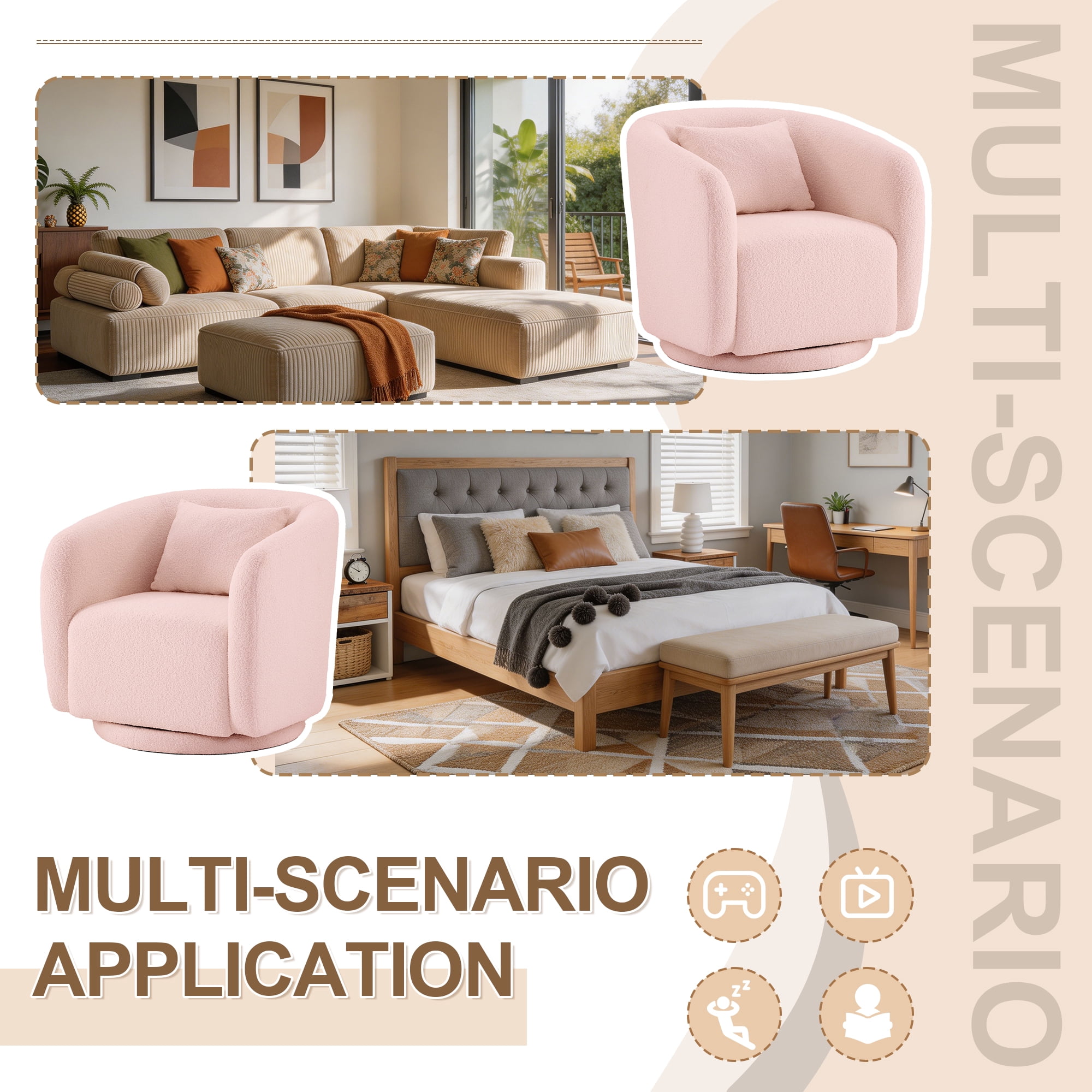 MAYEERTY 31.1" Pink Boucle 360° Swivel Barrel Chair,350LBS Wood Frame Accent Chair with Pillow for Living Room Bedroom Office