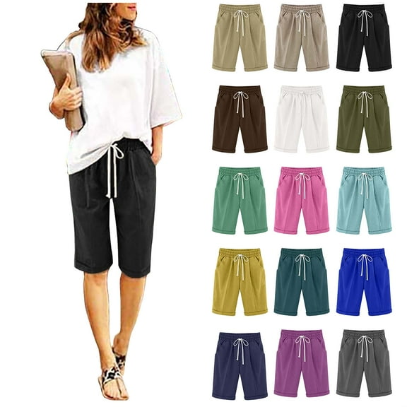 QATAINLAV Bermuda Shorts for Women Knee Length Summer Lightweight Linen Beach Shorts Solid Casual Drawstring Short Pants with Pockets Hot Pink L Gifts for Mom