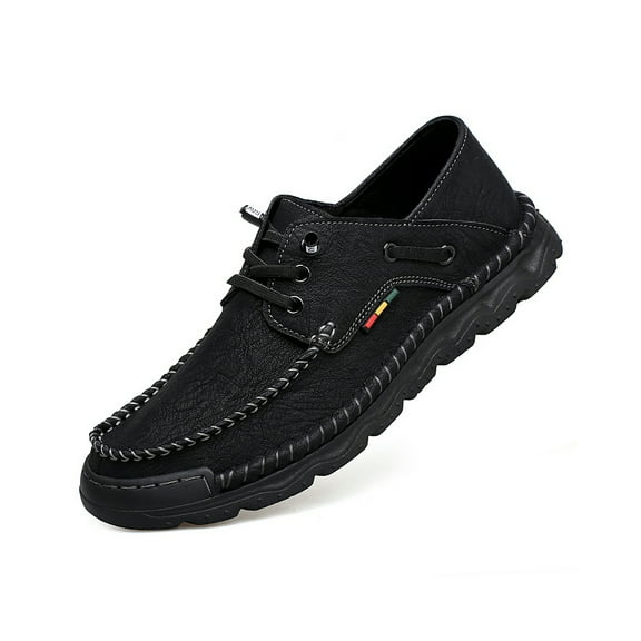 Mens Lace-up Loafers Fashion Casual Leather Shoes Non-slip Driving Shoes Lightweight Comfortable Walking Shoes Black 8 UK