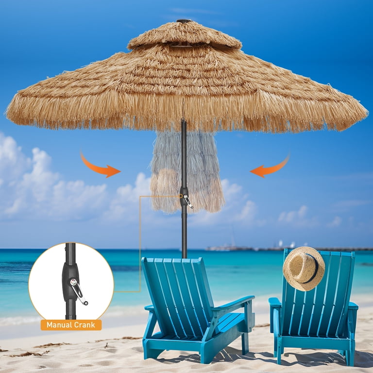 grass patio umbrella Tangkula 10 ft Solar Lighted Thatched Tiki Beach 2 Tier Hawaiian wide coverage to create an instant sanctuary 10 Feet Hawaiian Style Solar