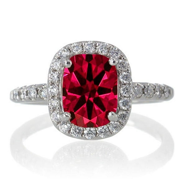 2.05 Carat 7mm Cushion Cut Ruby Antique Moissanite Diamond Engagement Ring on 10k White Gold
