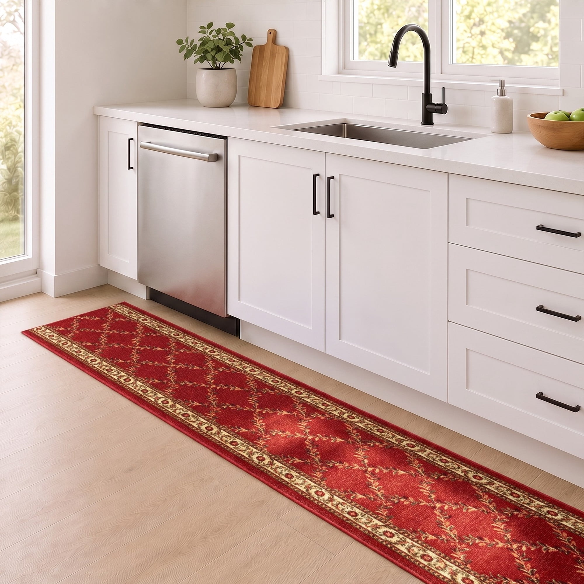 Ottomanson Extra Long Runner Rug 1'10.5" x 13' – Non-Slip Low Pile Hallway Carpet, Trellis Burgundy Red