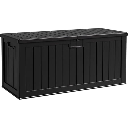 Resin Deck Box 120 Gallon Waterproof Large Outdoor Indoor Storage Box Imitation Wood Resin for Patio Furniture Garden Tools and Pool