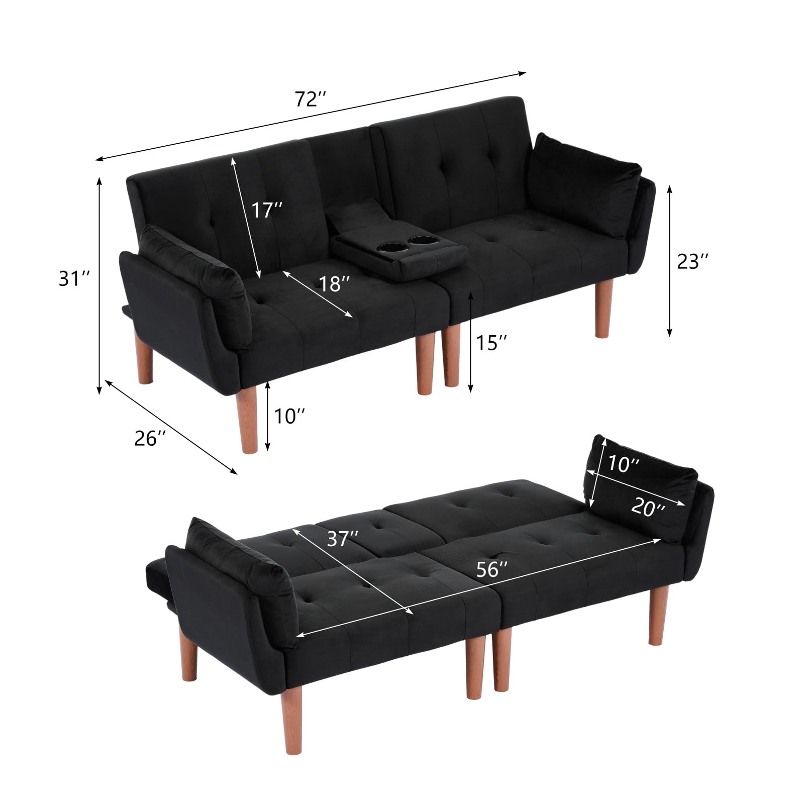 Leumius 72 Inch Futon Sofa Bed,Velvet Futon Couch with Adjustable Backrest and Cupholders,Suitable for Apartment,Living Room,Small Space,Black