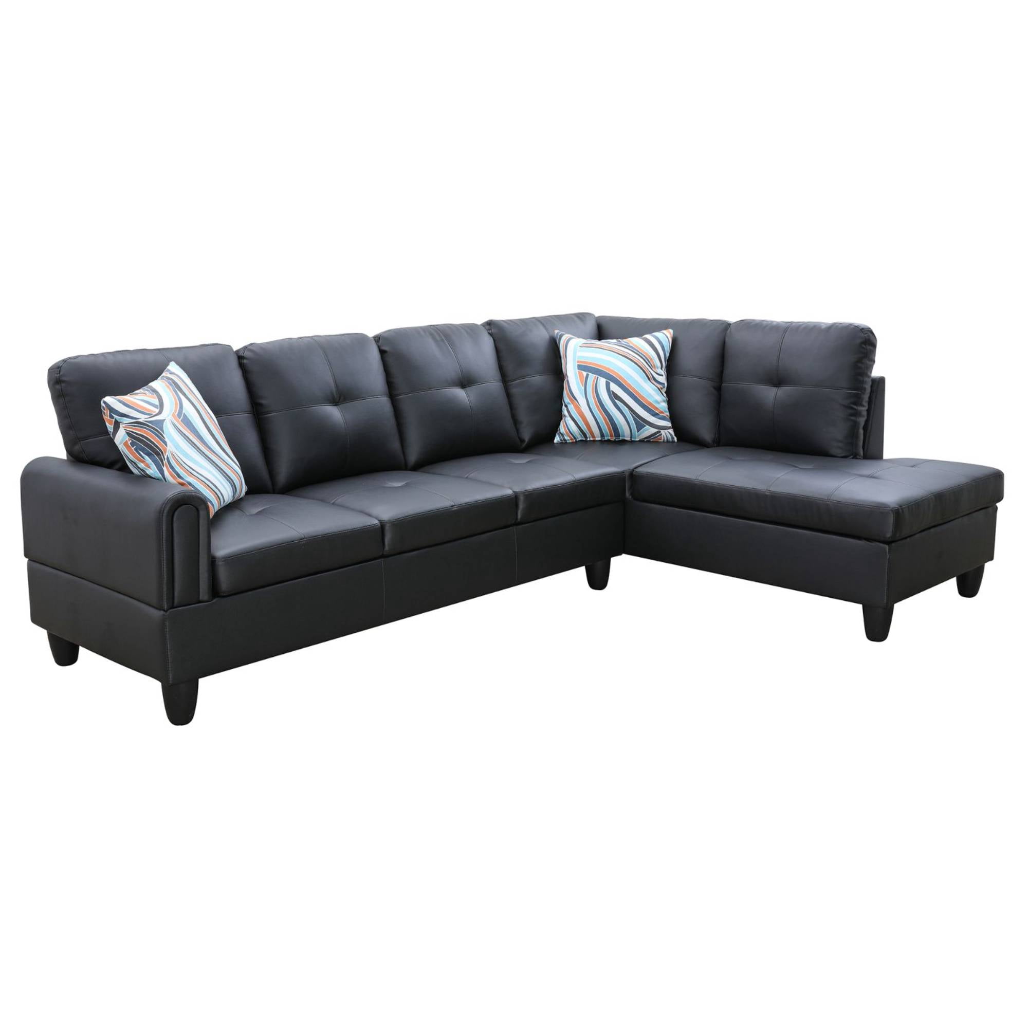 L Shape Sectional Sofa Couches Set, Modern Leather Corner Sofa Couch with Pillows for Living Room, Black