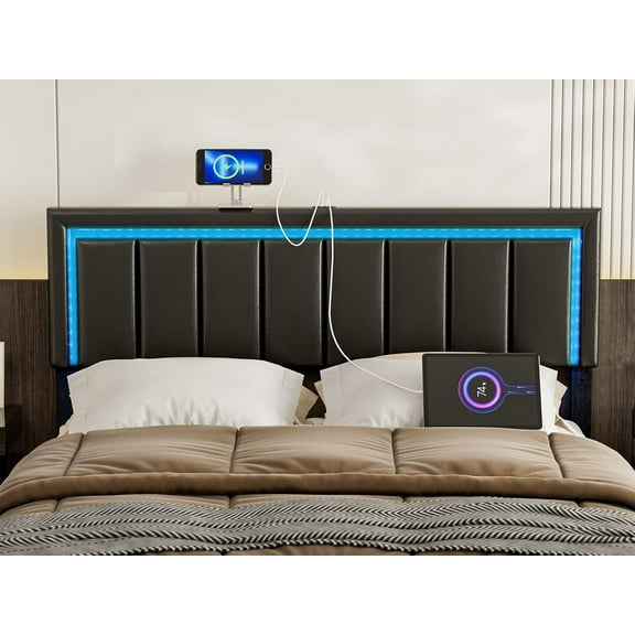 ARICOEASY Queen Size Upholstered Headboard with LED Lights, USB Ports, Adjustable Height, Faux Leather Headboard, Easy Assembly, Modern Design for Bed Frame, Black