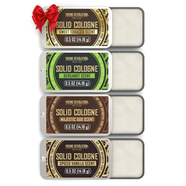 Viking Revolution Paquete de 4 colonias para hombre - Perfume sólido de 0,5 oz con vainilla especiada, tabaco dulce, Oud majestuoso y bergamota - Colonia de bálsamo de cera de viaje