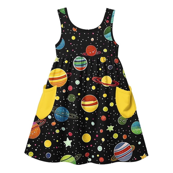 Piuwrlz Girls Summer Dresses Girl Casual Play Dresses Pocket Crew Neck Pleated Skirts Black Size 5 Years