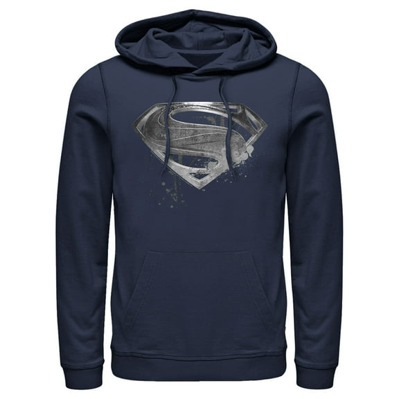 Men's Zack Snyder Justice League Superman Silver Logo  Pull Over Hoodie Navy Blue Large