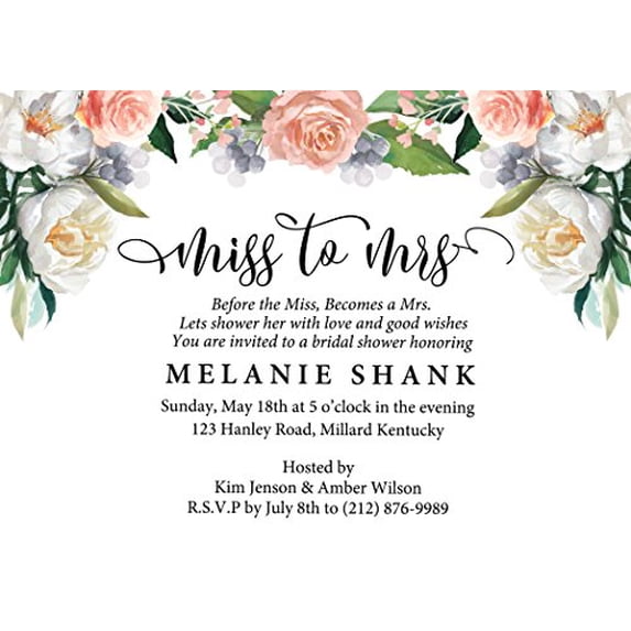 Darling Souvenir Custom Printed Miss to Mrs Bridal Shower Invitations, Set of 10 Personalized Invites With Envelopes 5 x 7