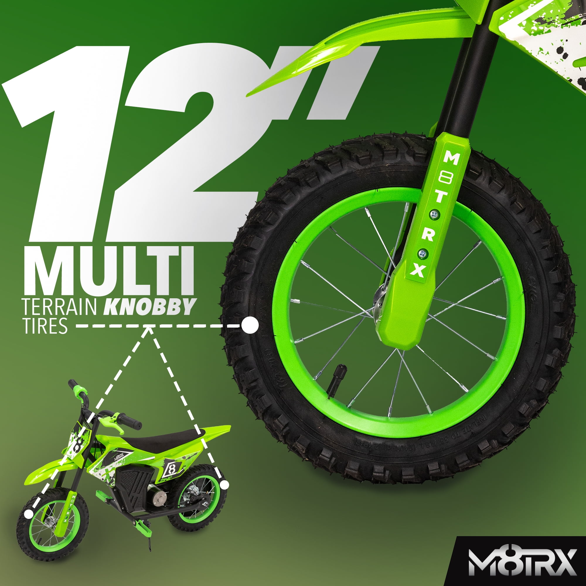 M8TRX SPORTS Green 12V Mini Electric Child Dirt Bike, Battery Powered Toy Motorcycle, Kids Ride on, Ages 5 Years and up