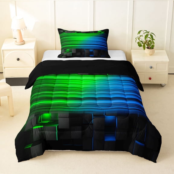 Manfei 3D Neon Light Twin Comforter Sets, Green Blue Gradient Striped Bedding Set, Black Reversible 2-Piece, 1 Comforter and 1 Pillowcase