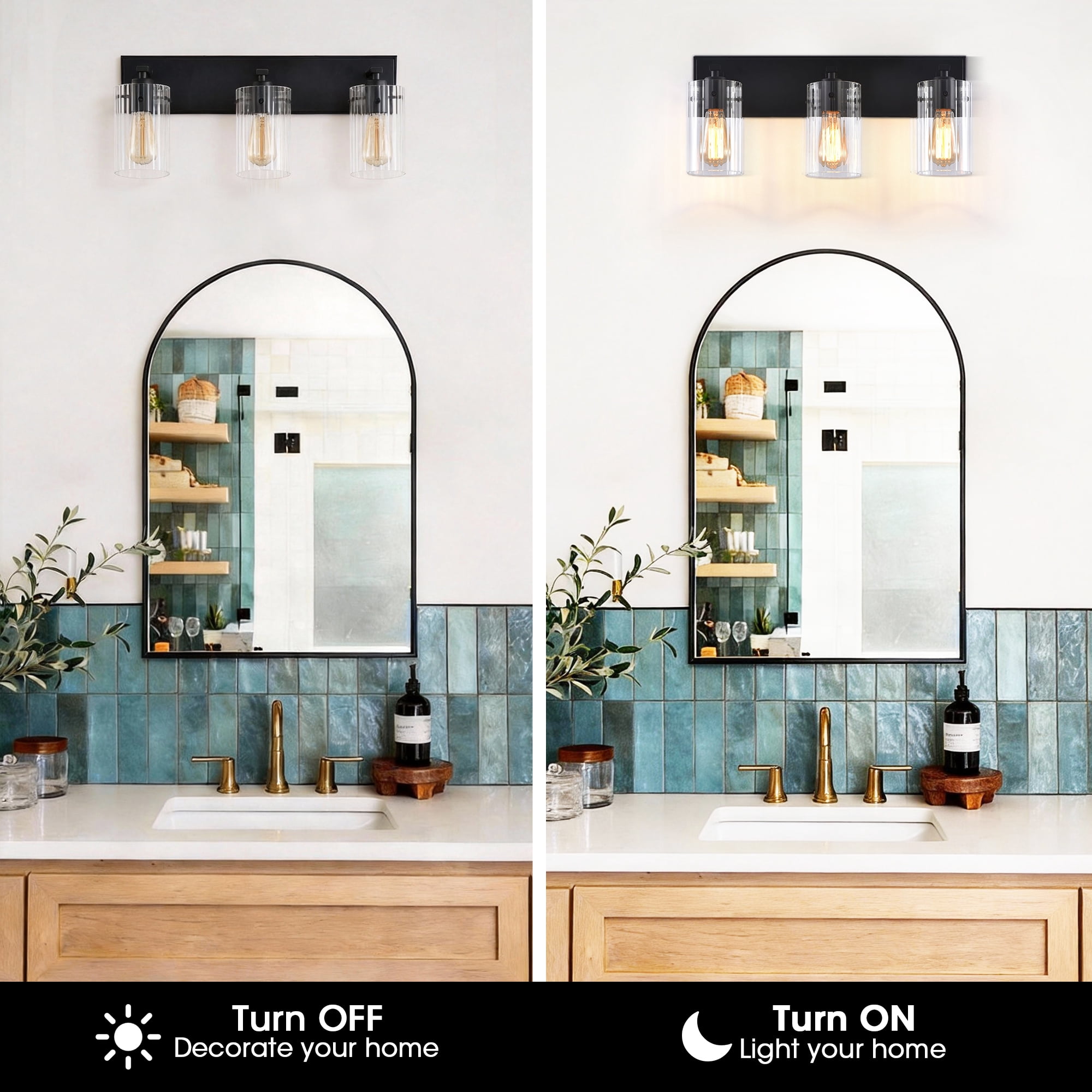21" Modern Black 3-Light Reeded Glass Vanity Light Wall Sconce for Bathroom and Hallway