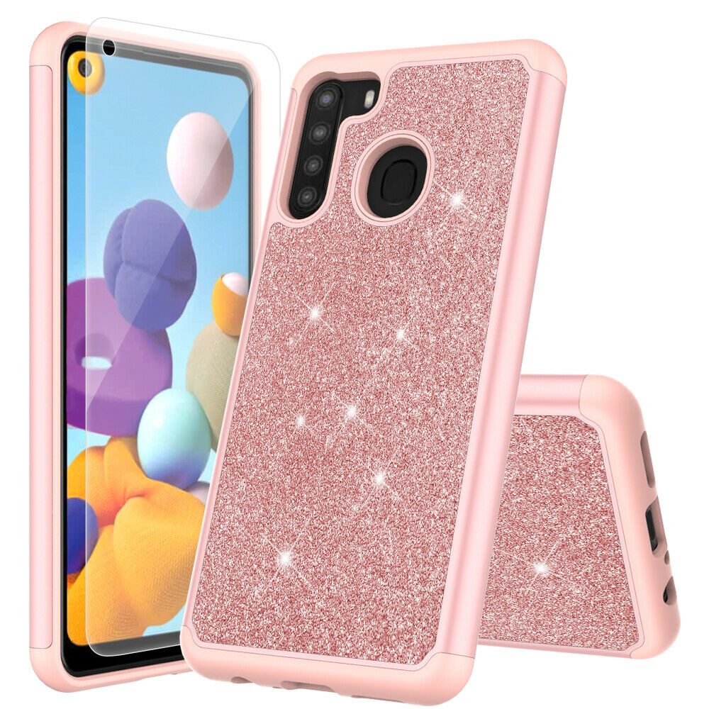 for Samsung Galaxy A21 with Tempered Glass Phone Case Glitter Shock