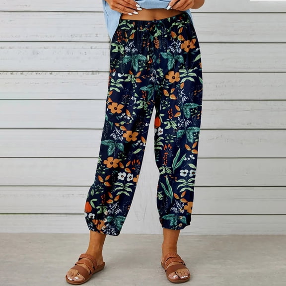 XIAONU Women's Floral Print Jogger Pants Elastic-Waist Casual Daily Relaxed-Fit Trousers