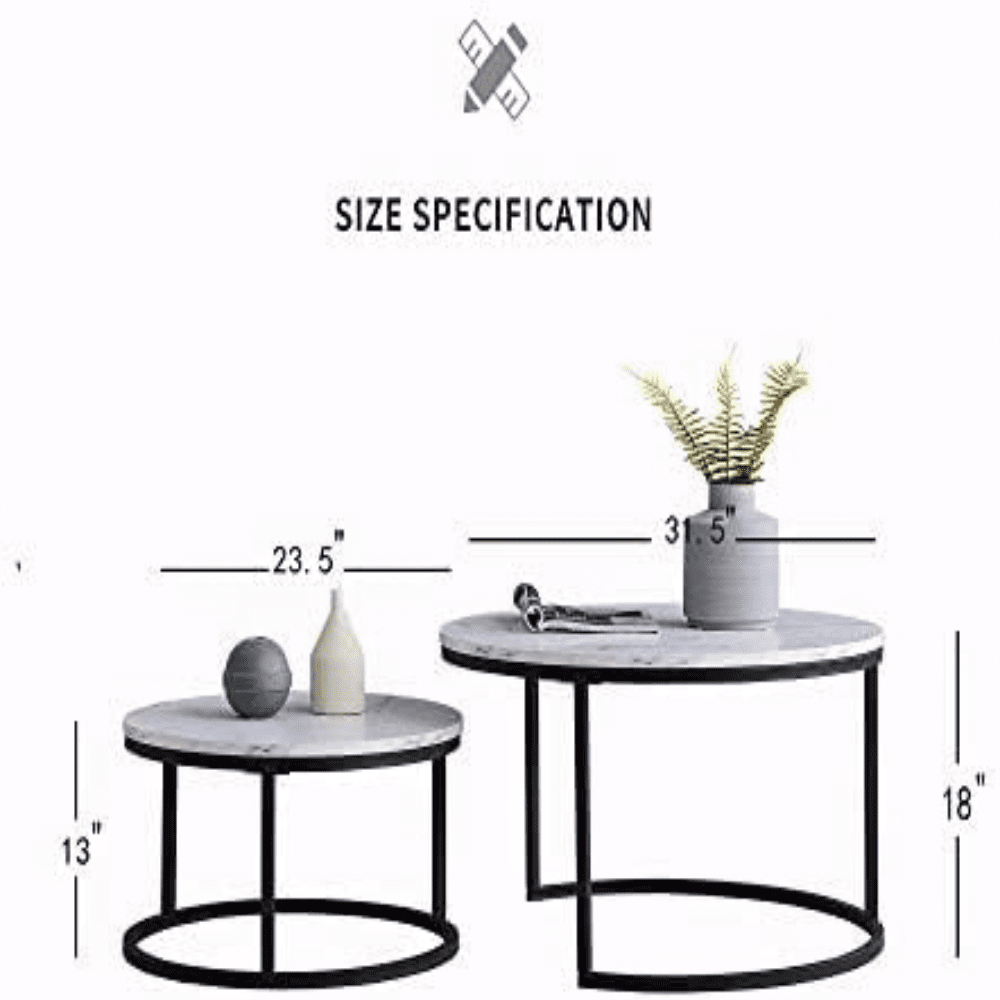 Resenkos 2-Piece Coffee Set Round Marble Nesting Table for Living Room, Black