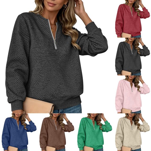 Tqcoqu Sweatshirt For Women Texture Zip V Neck Solid Color Winter Fall Sweatshirts Casual Comfy Outfits Pullover
