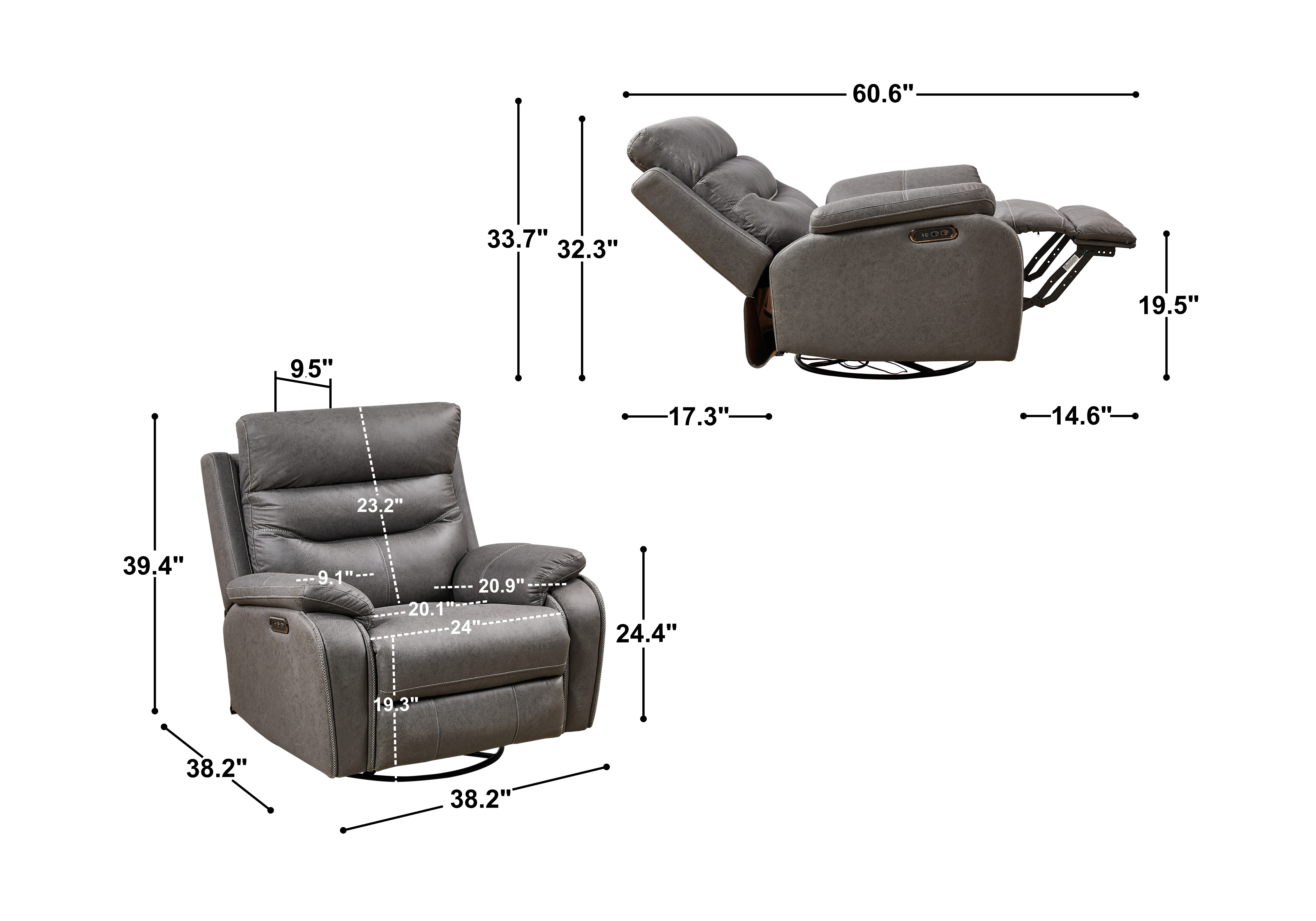 MAYEERTY OKIN Rocking & Swivel Recliner with Power Headrest and Heat Function, Dual Motors, Upholstered in Gray