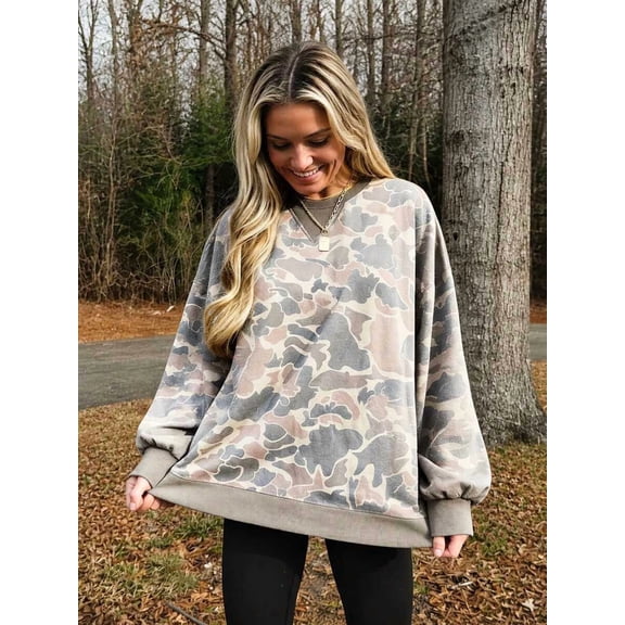 Women's Camo Print Oversized Sweatshirt Crew Neck Ribbed Cuffs Hem