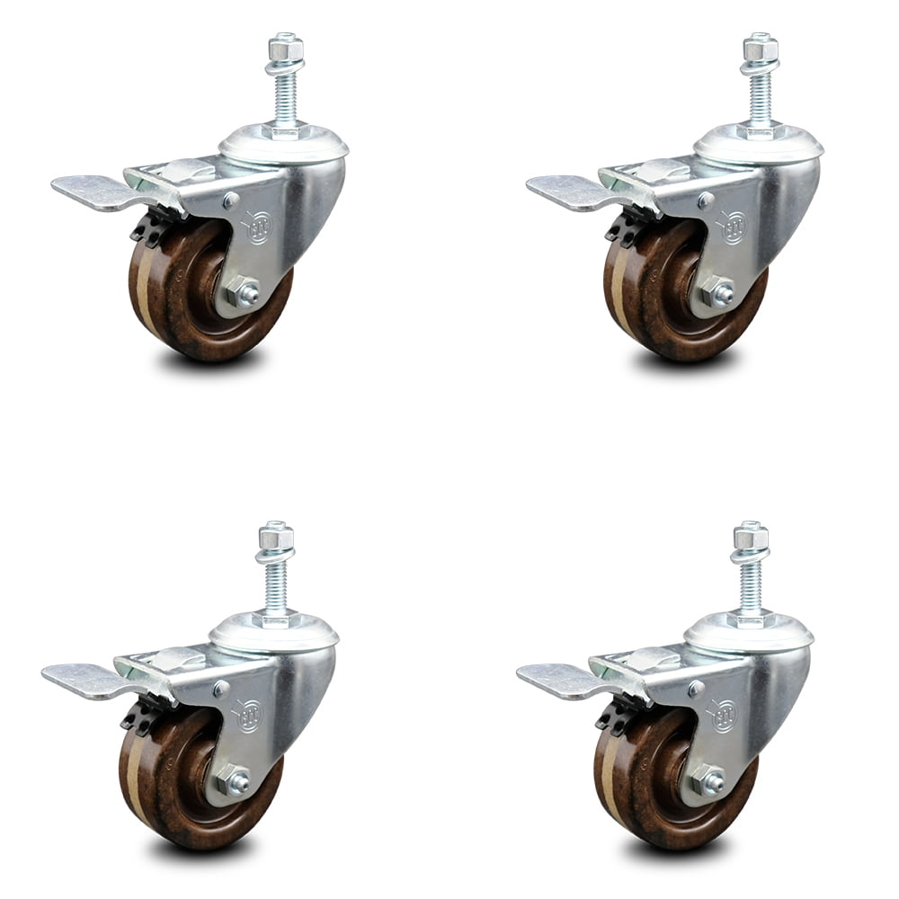 Stainless Steel High Temp Phenolic Swivel Threaded Stem Caster Set 4 w/3 x 1.25 Brown Wheels & 10MM Metric Stems-Includes 2 w/Top Locking Brake-1200 lbs Total Capacity-Service Caster Brand 