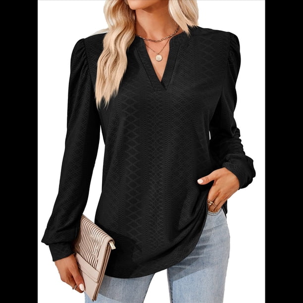 Blusas para Mujer, Elegantes, Informales, con Cuello en V, Larga, Blusas para Mujer con Mangas Abullonadas Negro XL