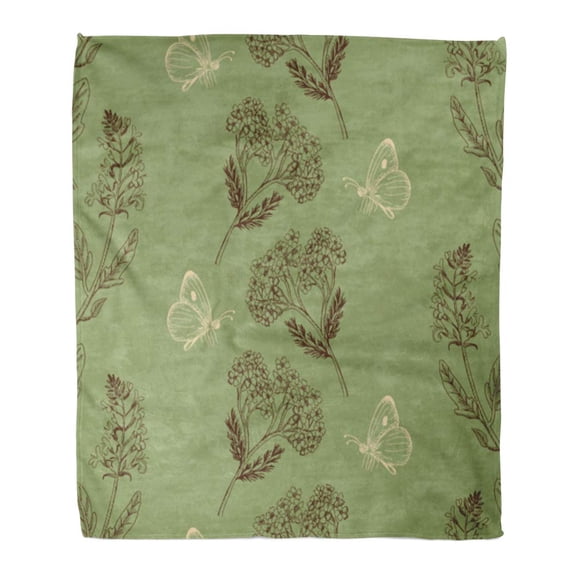 SIDONKU Flannel Throw Blanket Butterfly Brown Sage Vintage Herbs on Green Doodle Collect Soft for Bed Sofa and Couch 50x60 Inches