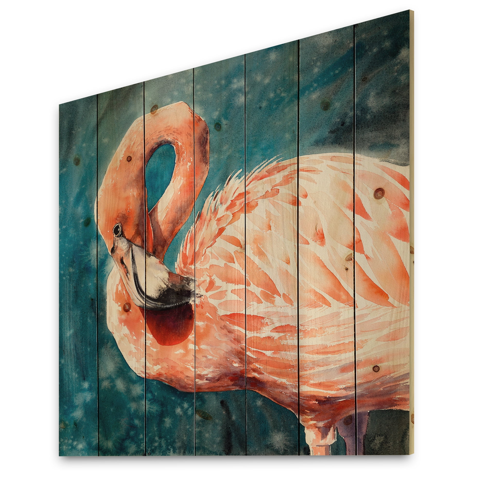 Designart 'Pink Flamingos Love Birds In Blue Water II' Farmhouse Print on Natural Pine Wood