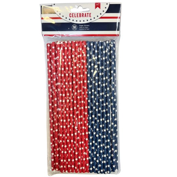 50 Pack Stars Paper Straws, Sturdy, Eco Friendly Red, White and Blue Drinkware with Bold Star Designs for Fourth of July, Memorial Day, Barbecues, Festive Celebrations to Showcase Your American Pride