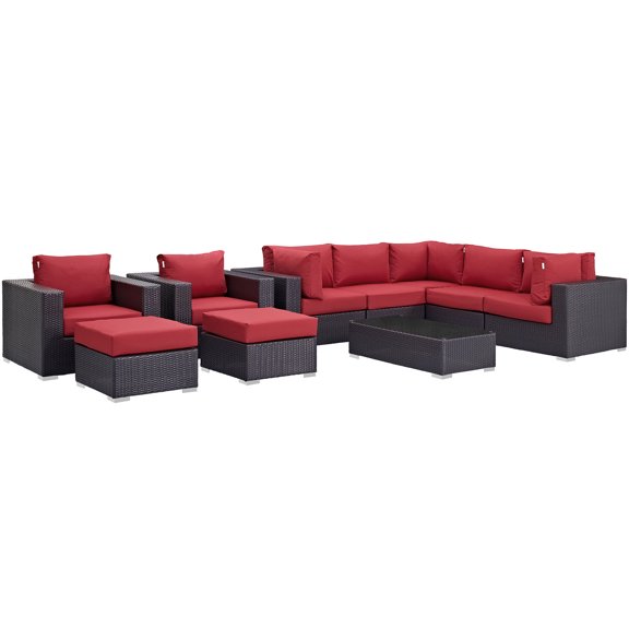 Modern Contemporary Urban Design Outdoor Patio Balcony Ten PCS Sectional Sofa Set, Red, Rattan