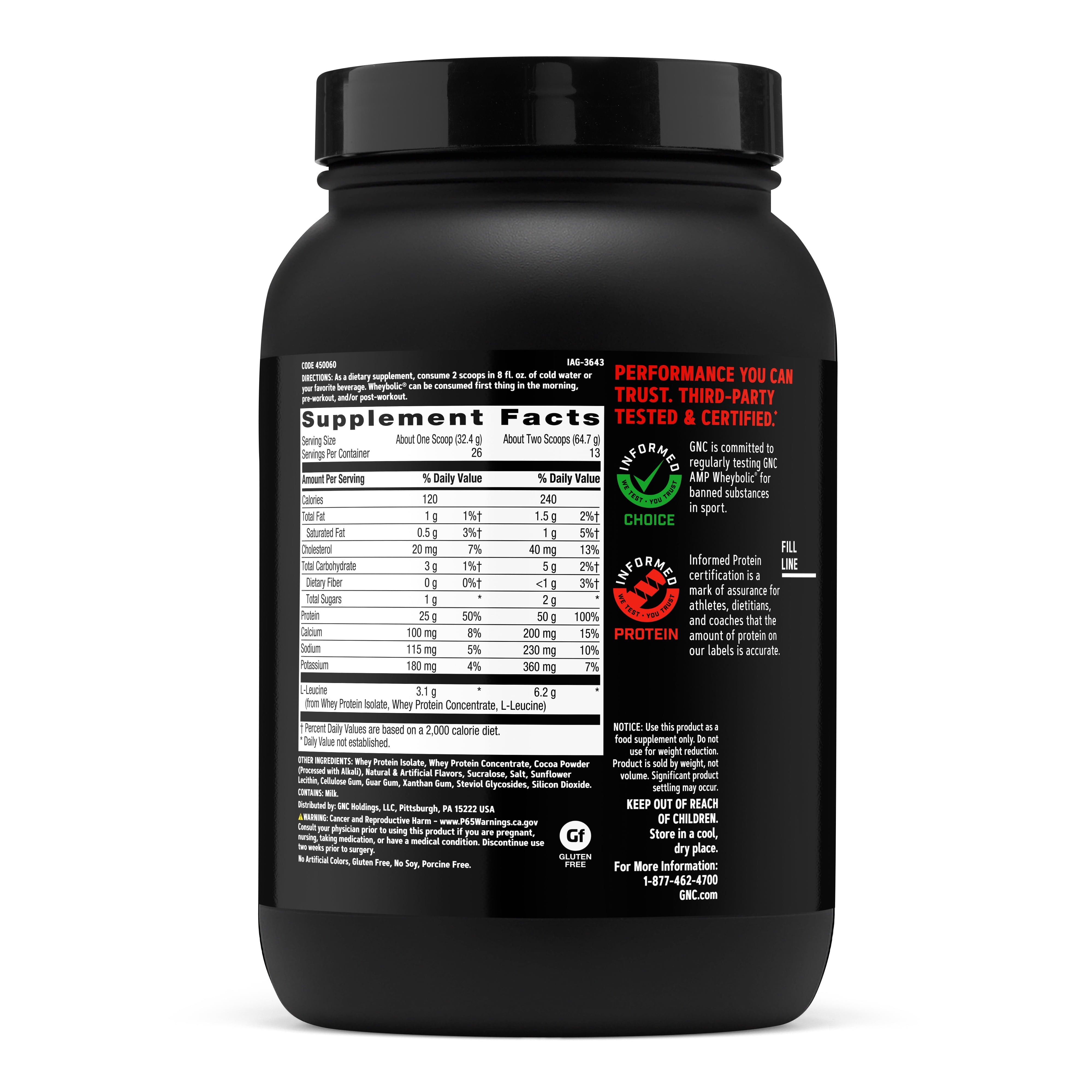 GNC AMP Wheybolic Clinically Proven Protein Powder, 50g Whey Protein, BCAA, Leucine, Increases Muscle Strength, Muscle Building, 3rd Party Tested, Gluten Free, Chocolate Fudge 13 Servings