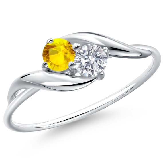 Gem Stone King 10K White Gold Round Yellow Sapphire and White Lab Grown Diamond Ring for Women (0.33 Cttw, Round 3.5MM, Gemstone September Birthstone, Size 8)