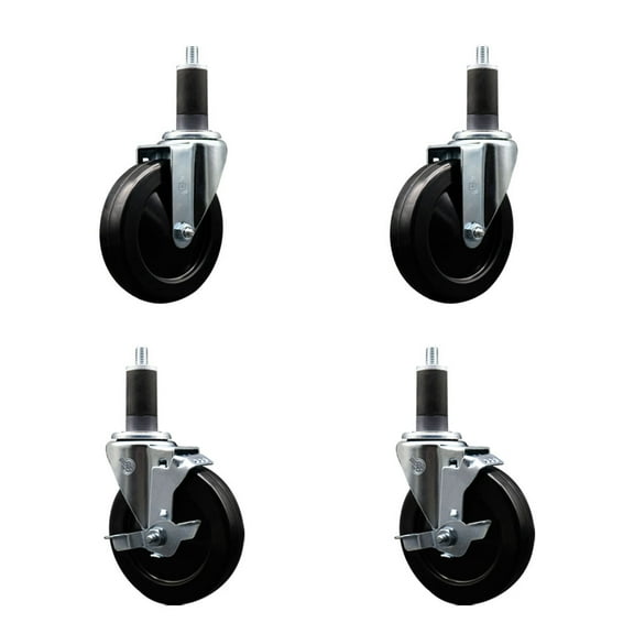 5 Inch SS Soft Rubber Wheel Swivel 1-1/4 Inch Expanding Stem Caster Set 2 Brakes