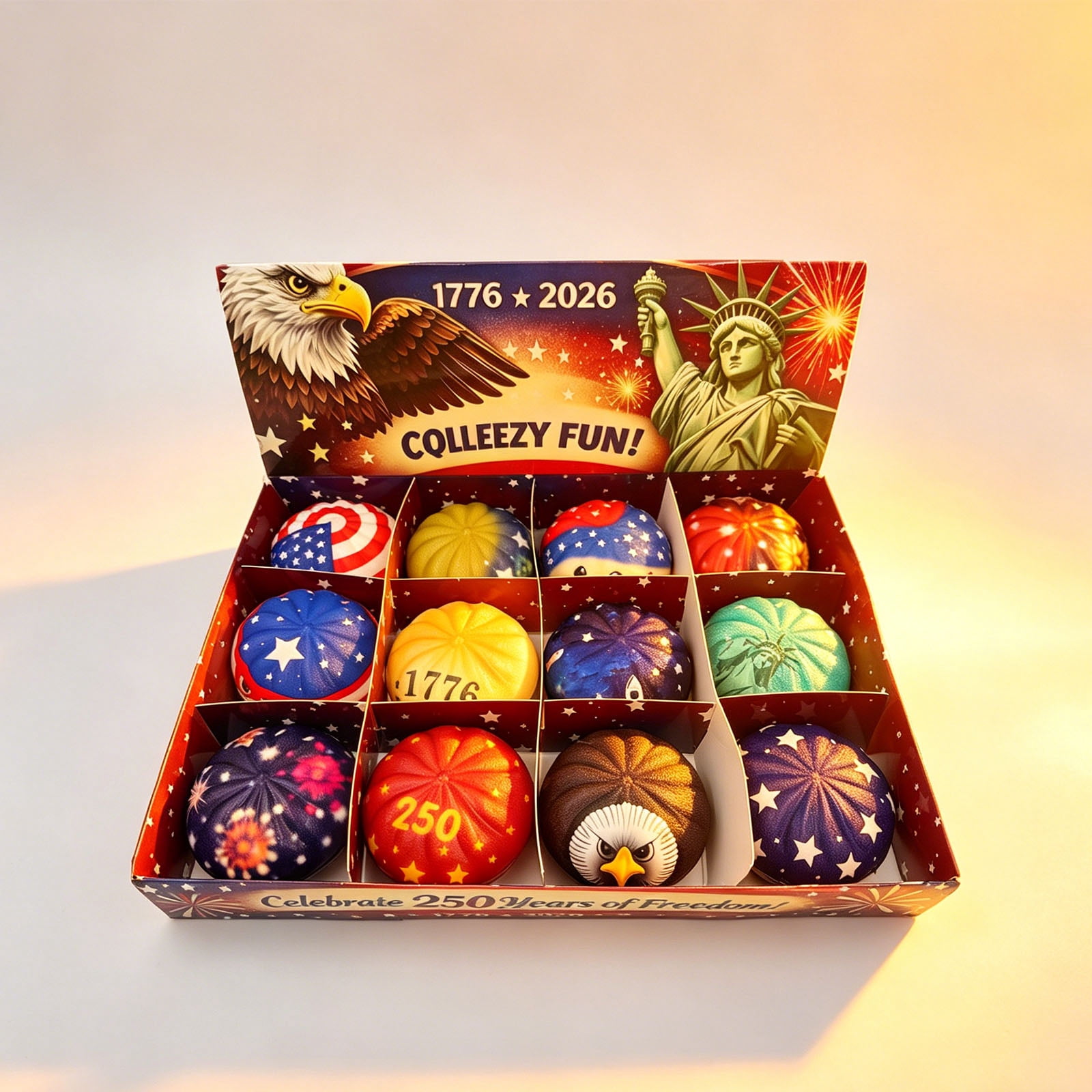 12PCS Fidget Squishy Toys Set - USA 250th Anniversary Commemorative Dumpling Squishys, Portable Squeeze Stress Balls, Squishy Dumpling Fidget Toys, Sensory Focus Toys for Adults