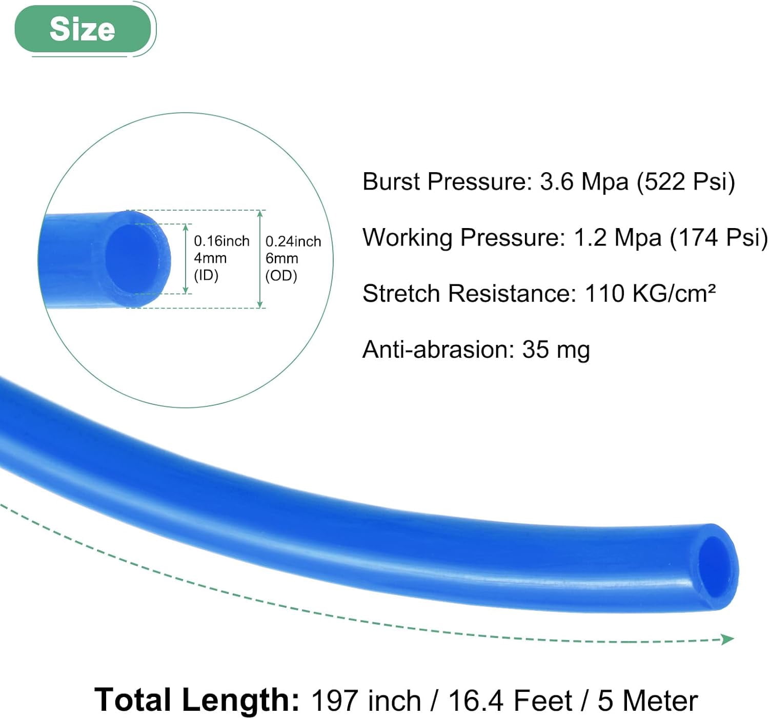 MKEUDQ-Pneumatic Tubing Pipe, 4mm(ID) x6mm(OD) PU Polyurethane Air Compressor Hose for Air Compressor Fitting/Gas/Fluid Transfer, Air Hose Line Tube [5M/16.4ft, Blue]