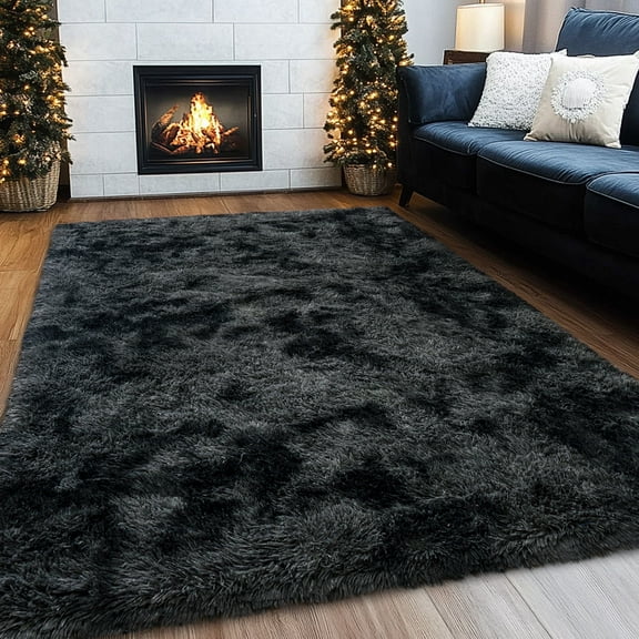 SARAG 8x10 Large Fluffy Rug, Minimalist Non-Slip Shaggy Carpet for Living Room Dining Room Kids Room,Tie-Dye Black and Gray