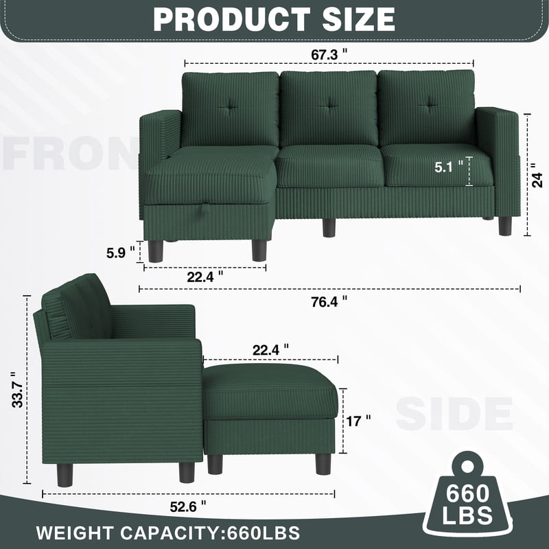Walsunny Convertible Sectional Sofa Couch, Modern Linen Fabric L-Shaped Couch 3-Seat Sofa Sectional with Reversible Chaise for Small Living Room, Apartment and Small Space, Green