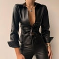 thumbnail image 4 of UJNDER Ladies Fashion Lapel Solid Color Leather Long Sleeve T-Shirt Top Tops for Women Edgy Black L, 4 of 4