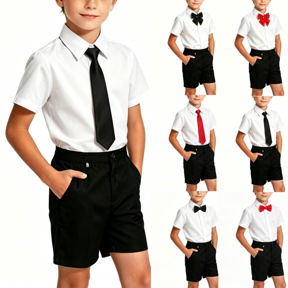 Purcolt Boys 3 Piece Formal Matching Set Dressy Casual Short Sleeve Point Collar Shirt Black Pocket Dress Shorts with Necktie or Bow Tie for 2-15Years
