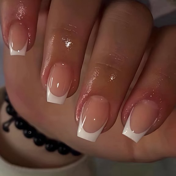 RAGUPEL French Tip Press on Nails Coffin White Short Medium Fake Nails with Design Square Glue on Nails Press ons Acrylic Gel False Nails Pink Nude Stick on Nails for Wedding Manicure 24pcs