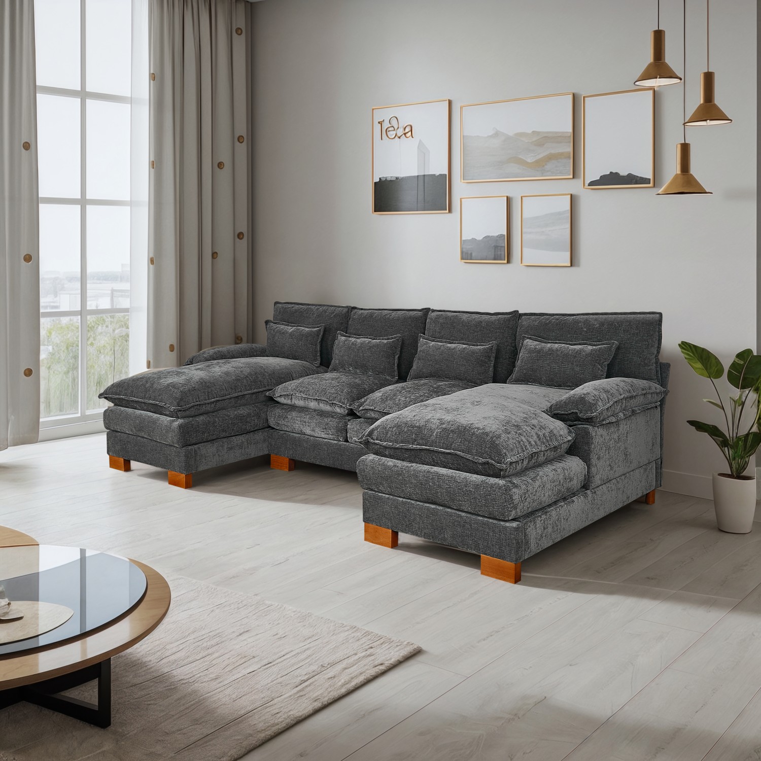 Gewnee Oversize Luxury U-Shaped Chenille Sectional Sofa Couch with Double Chaise and Pillows ,4 Seat Modular Sofa Couches for Living Room