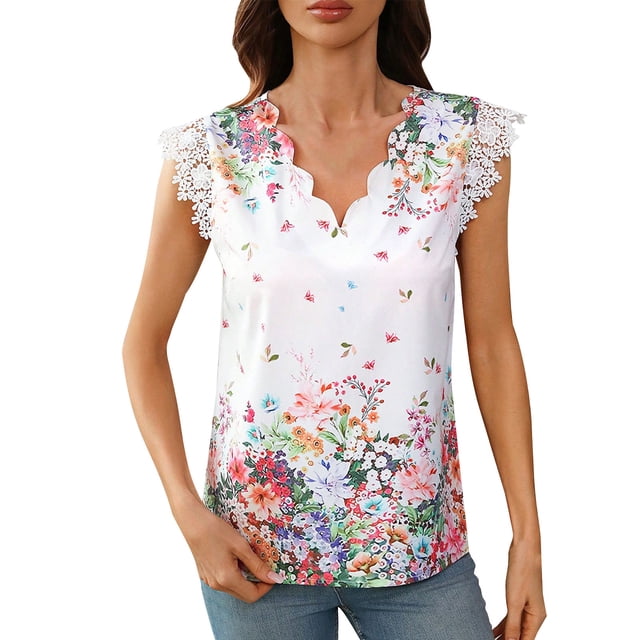Encaje de Verano Tops para las Mujeres Impresa Camisa Manga Corta Cuello en V Top / Camisa, Poliéster