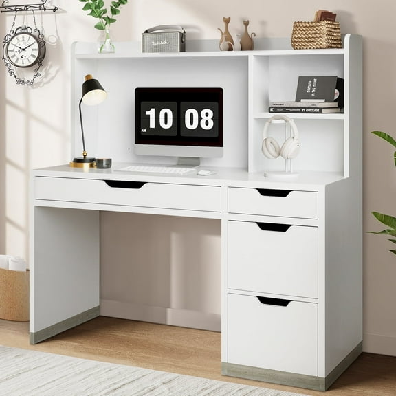DreamCurship Computer Desk with Hutch, White Desk with 4 Drawers and Storage Shelves, Home Office Desk with Bookshelf, White